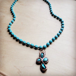 Blue Turquoise Melon Beaded Necklace w/ Copper Cross 260g