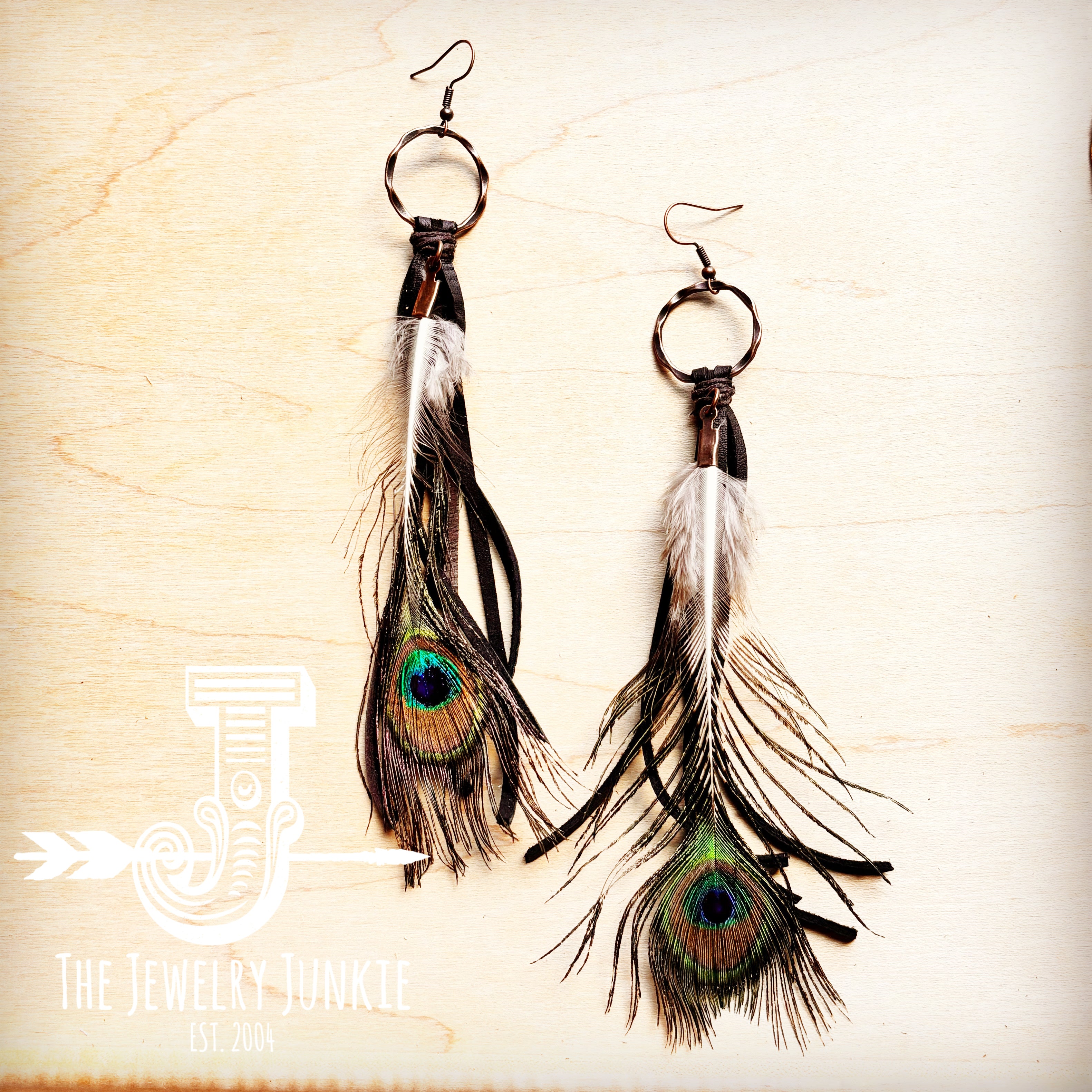 Black Deer Skin Leather Tassel Earring Peacock Feather