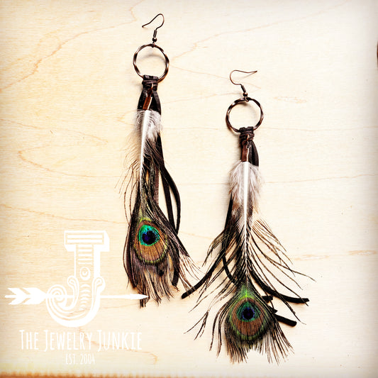 Black Deer Skin Leather Tassel Earring Peacock Feather 219j