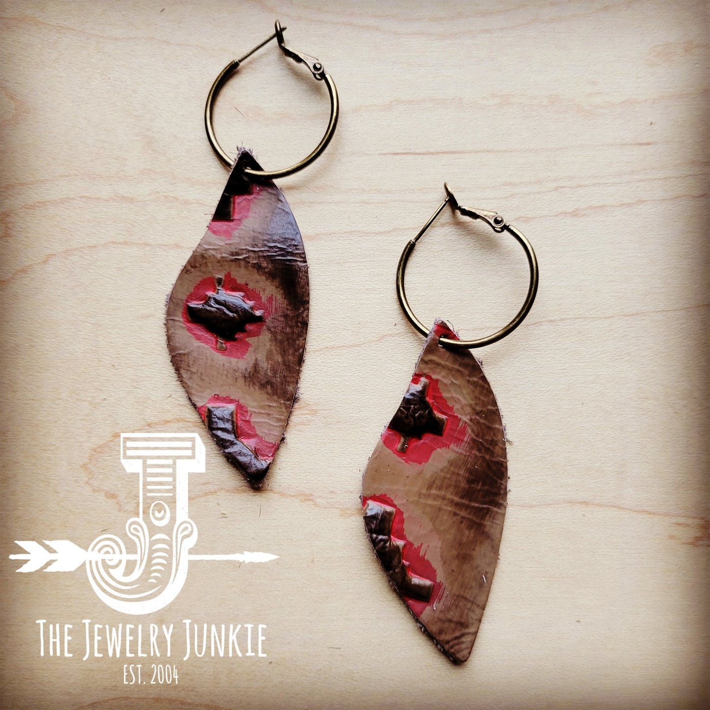 **Antique Gold Hoop Earrings w/ Red Navajo Leather Dangle 213r