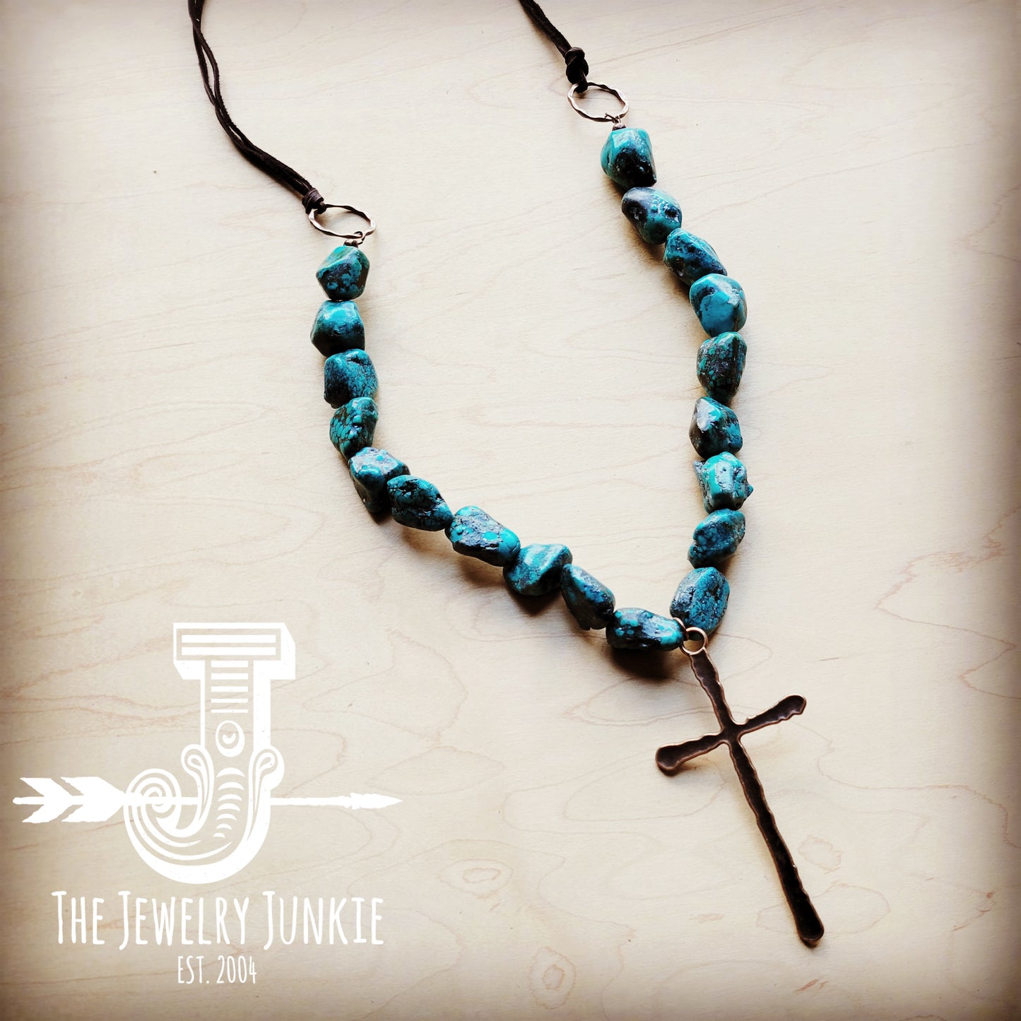 Natural Blue Turquoise Necklace with Large Copper CROSS Pendant