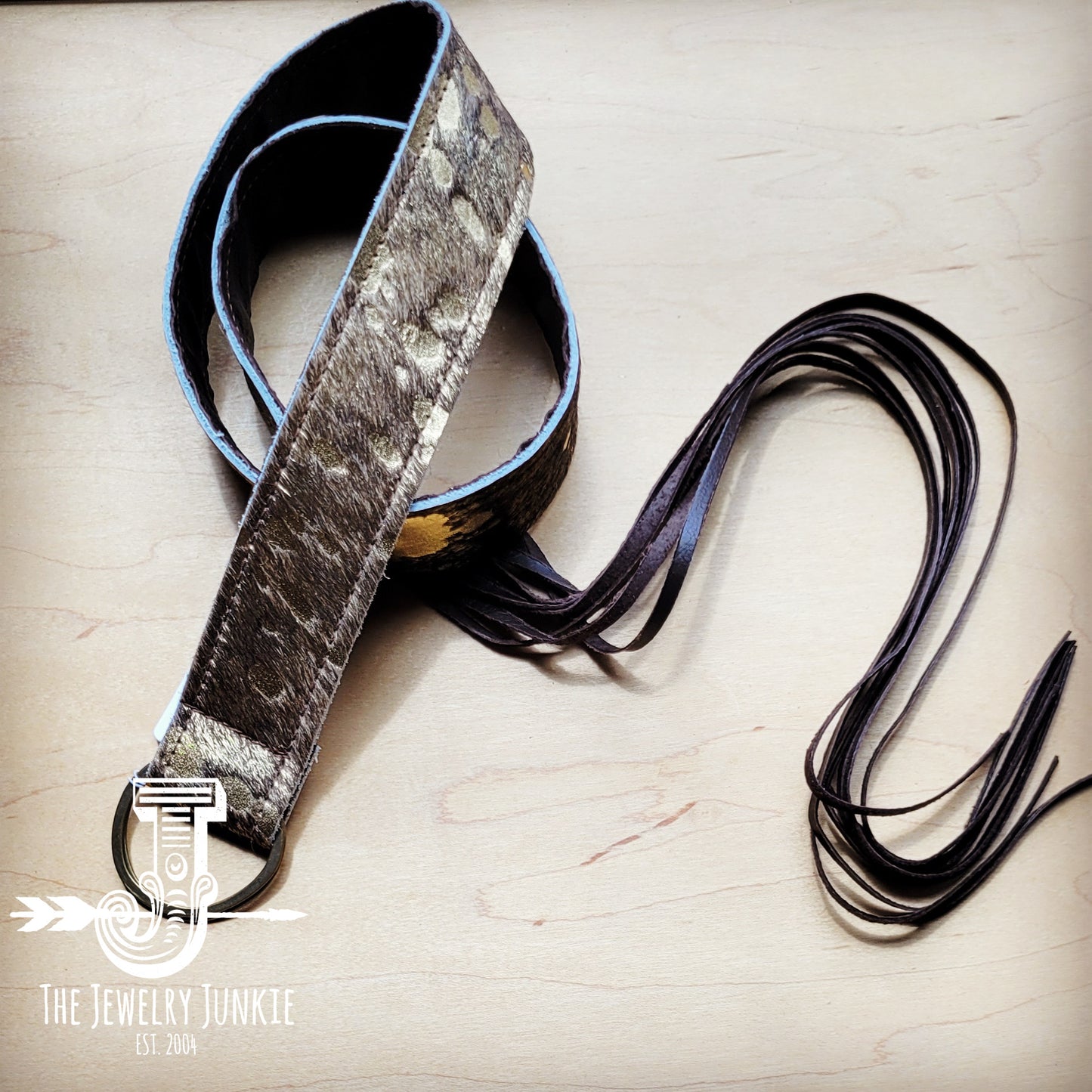 Dark Metallic Hide Leather Belt w/ Leather Fringe 906y