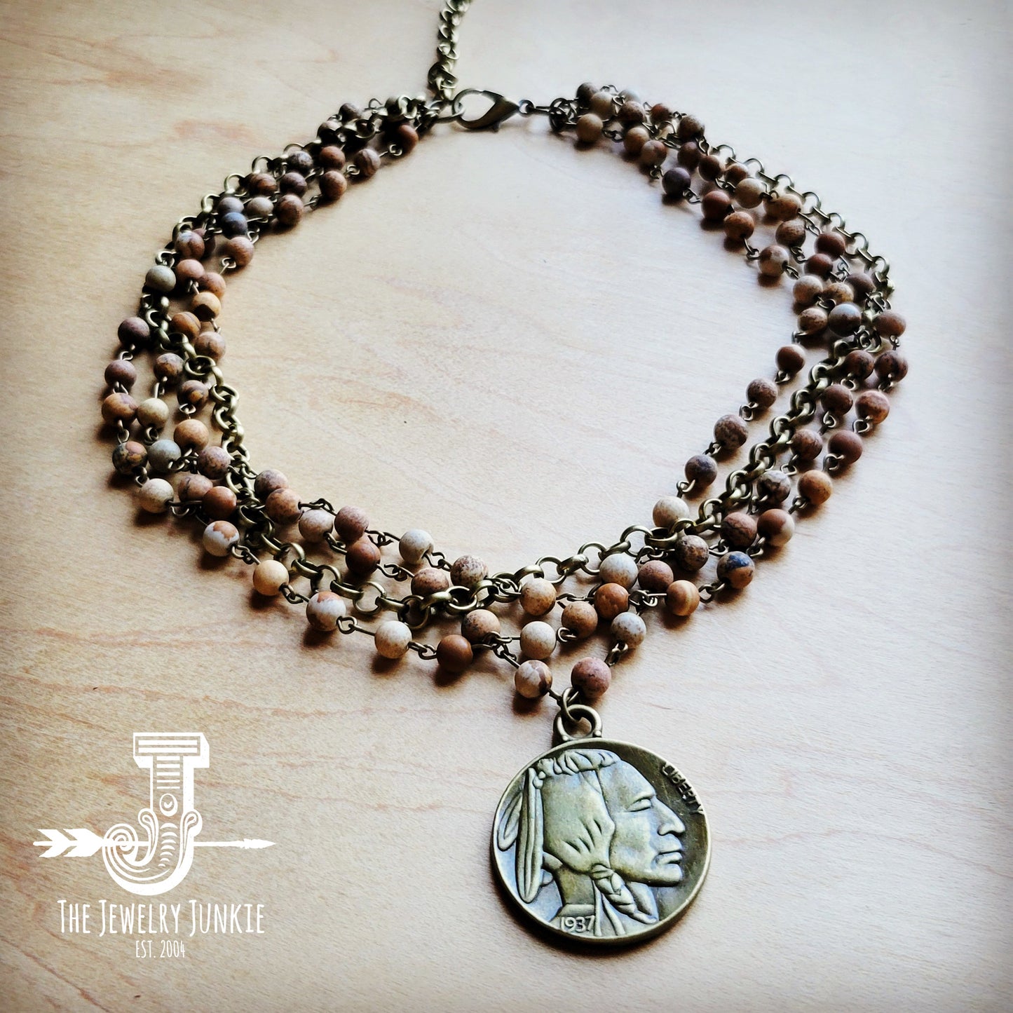 Picture Jasper Collar Necklace w/ Indian Buffalo Coin 259b
