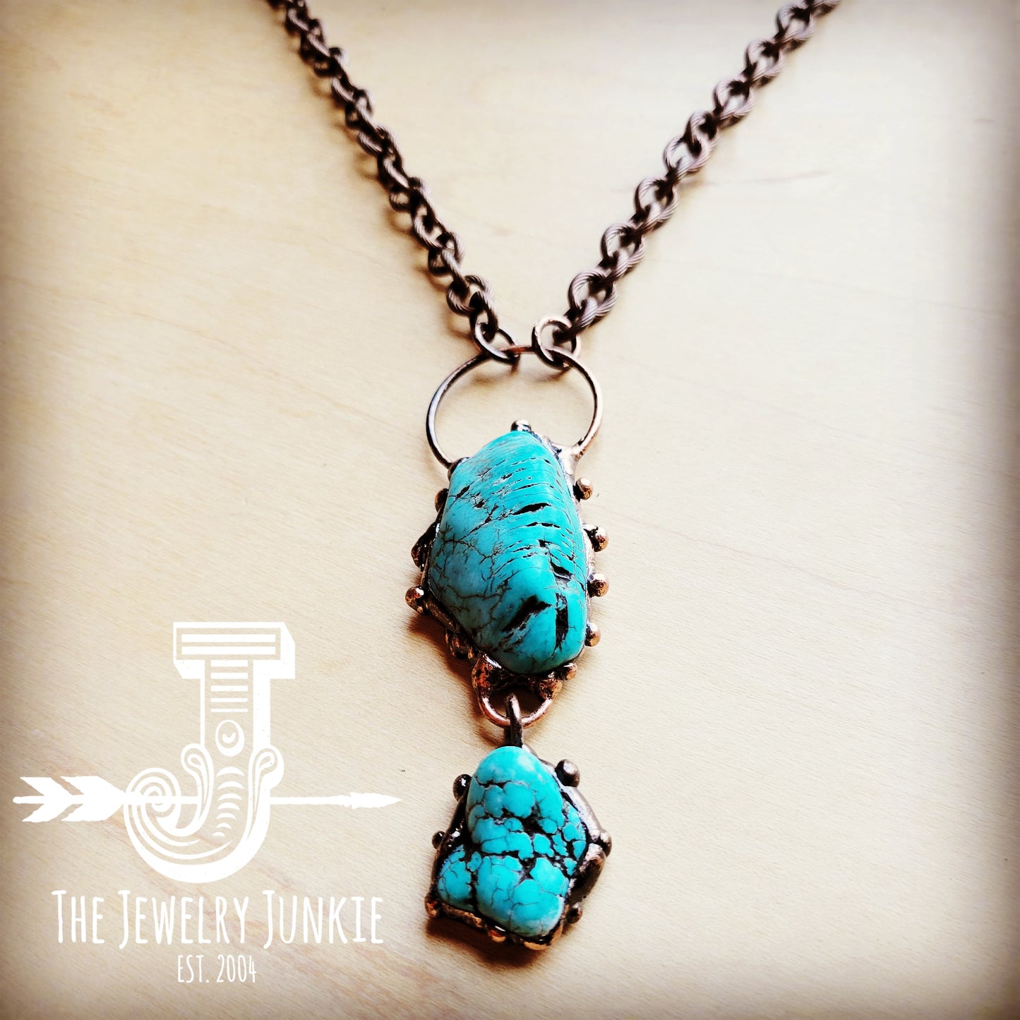 *Long Copper Necklace w/ Double Turquoise and Copper Pendant 256g