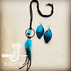 **Brown Boho Leather Necklace w/ Turquoise & Turquoise Feathers 256u