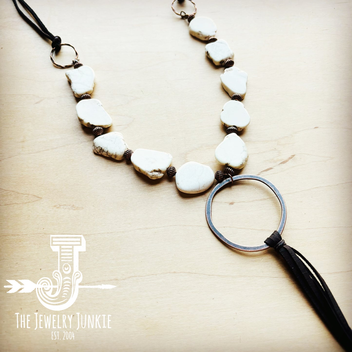 White Turquoise Chunky Necklace with Long Leather Tassel 225K