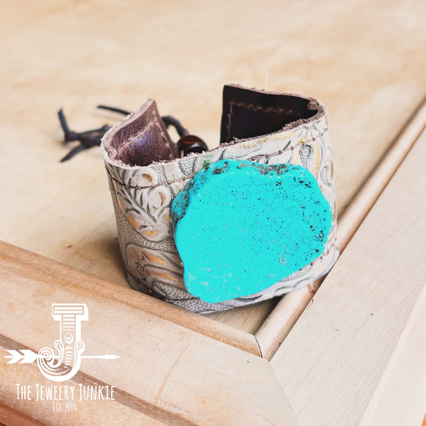 Wide Gilded Cowboy Leather Cuff w/ Turquoise Slab 008y