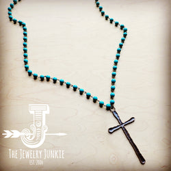 Turquoise Long Beaded Necklace with Antique Copper Cross 255r
