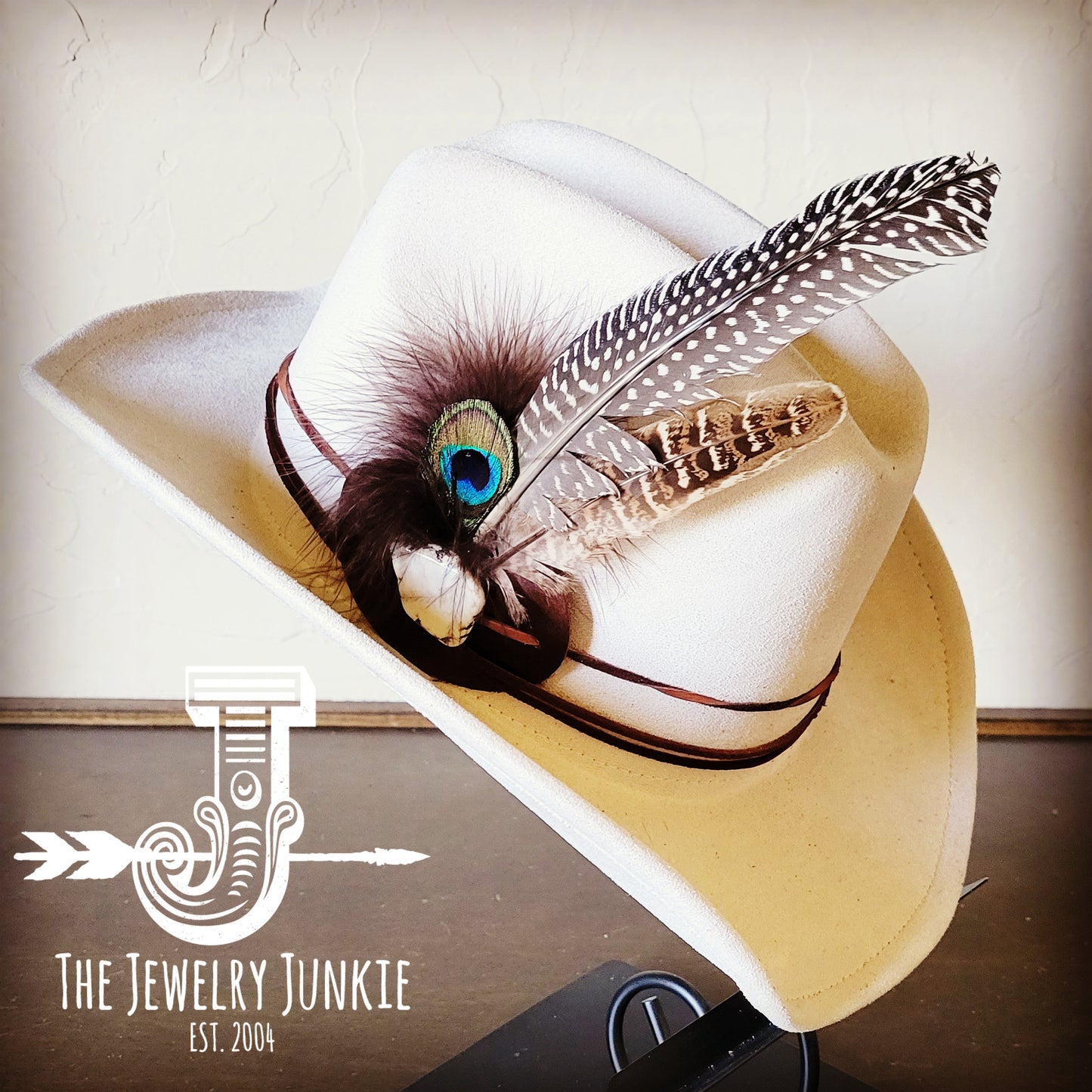 White Turq, Peacock Feather, & Leather Hat Band (Band Only) 980v