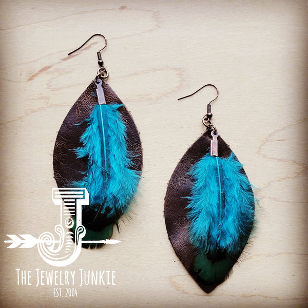 Western Leather Oval Earrings Brown with Turquoise Feather 216m