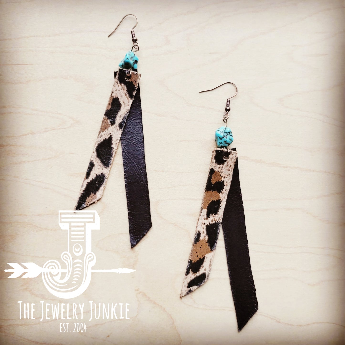 *Leather Rectangle Earrings w/ Turquoise in Leopard Suede 212x
