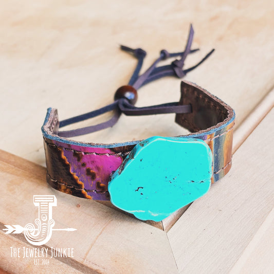 Magenta Navajo Narrow Leather Cuff w/ Turquoise Slab 009c