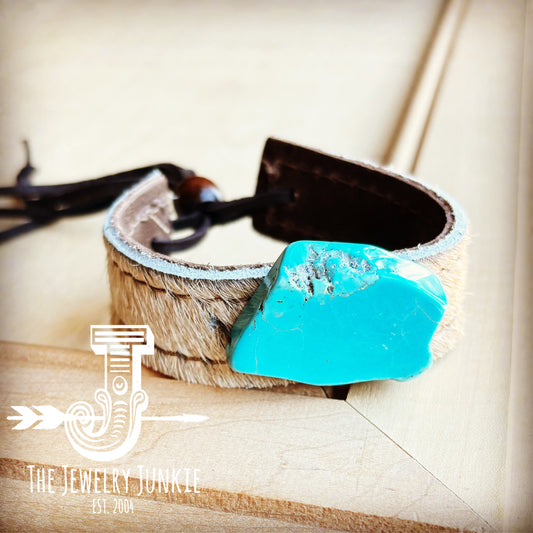 **Narrow Leather Cuff w/ Turquoise Slab-Tan Hair Hide 015a