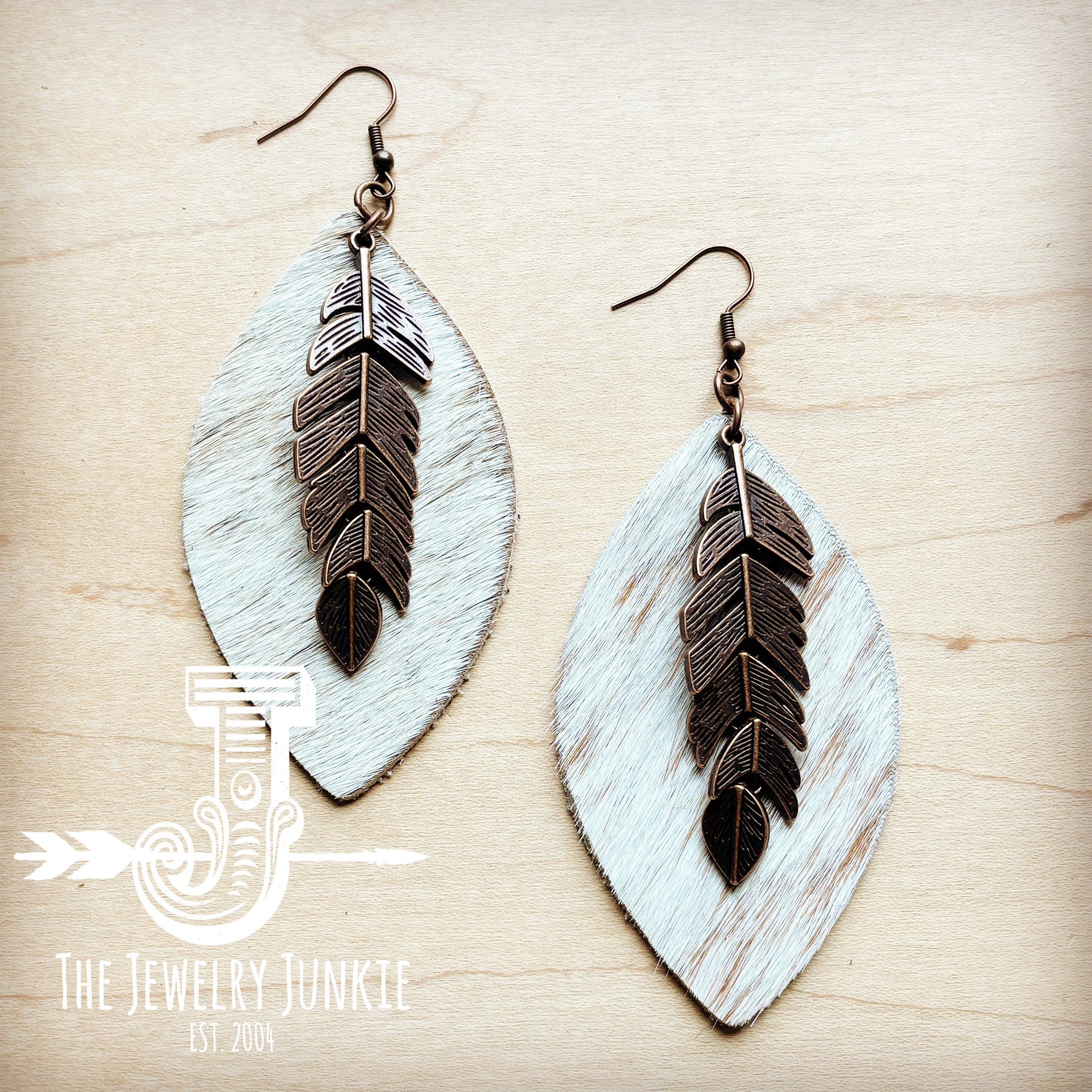 Leather Oval Earrings Spotted Hair Hide w/ Copper Feather