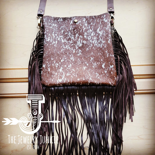 MEDIUM Crossbody Handbag Brown Salt & Pepper Leather w/ Fringe 512u