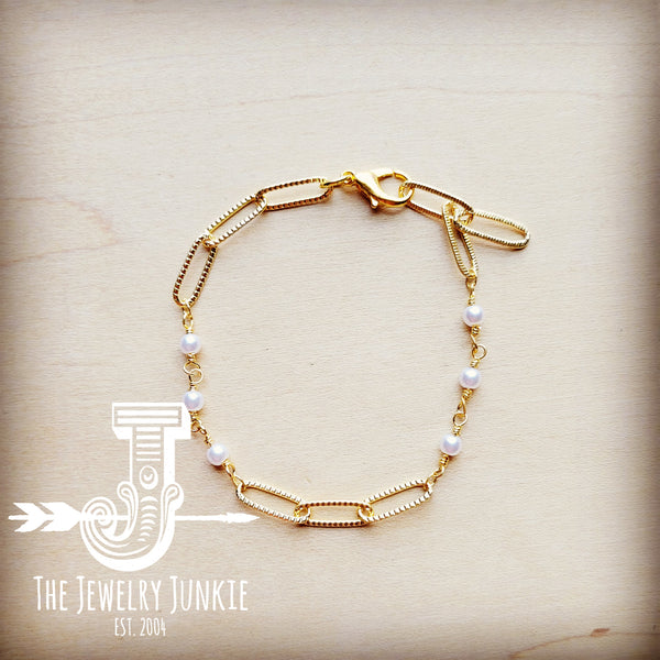 *Gold Link Bracelet with Pearls & Paperclip Chain 807x