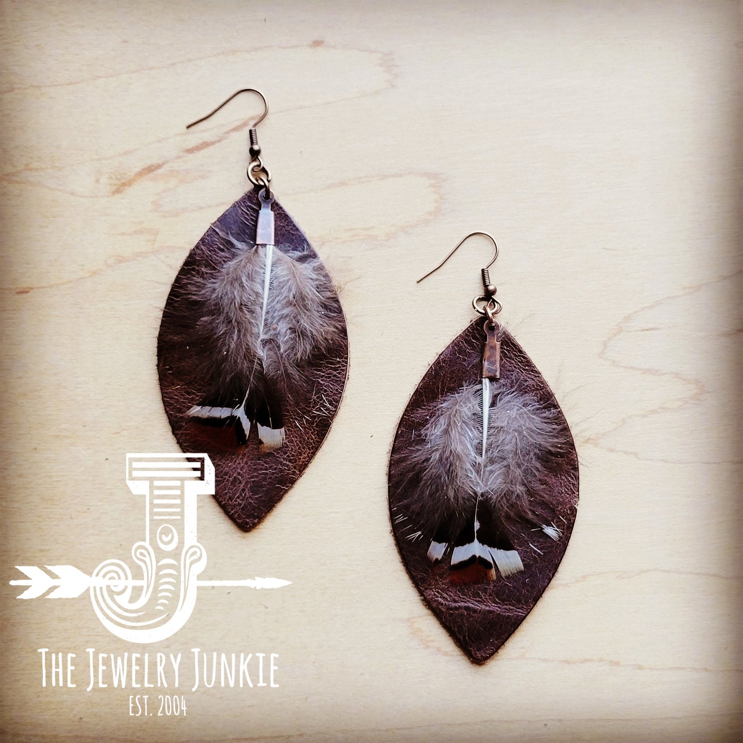 Western Leather Oval Earrings Brown with Brown Feather 216s