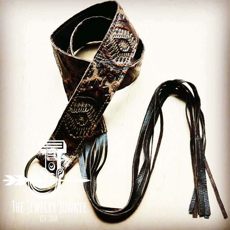 Copper Aztec Leather Belt with Leather Fringe Closure 906j