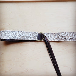 Sandy White Floral Leather Belt with Leather Fringe Closure 907k