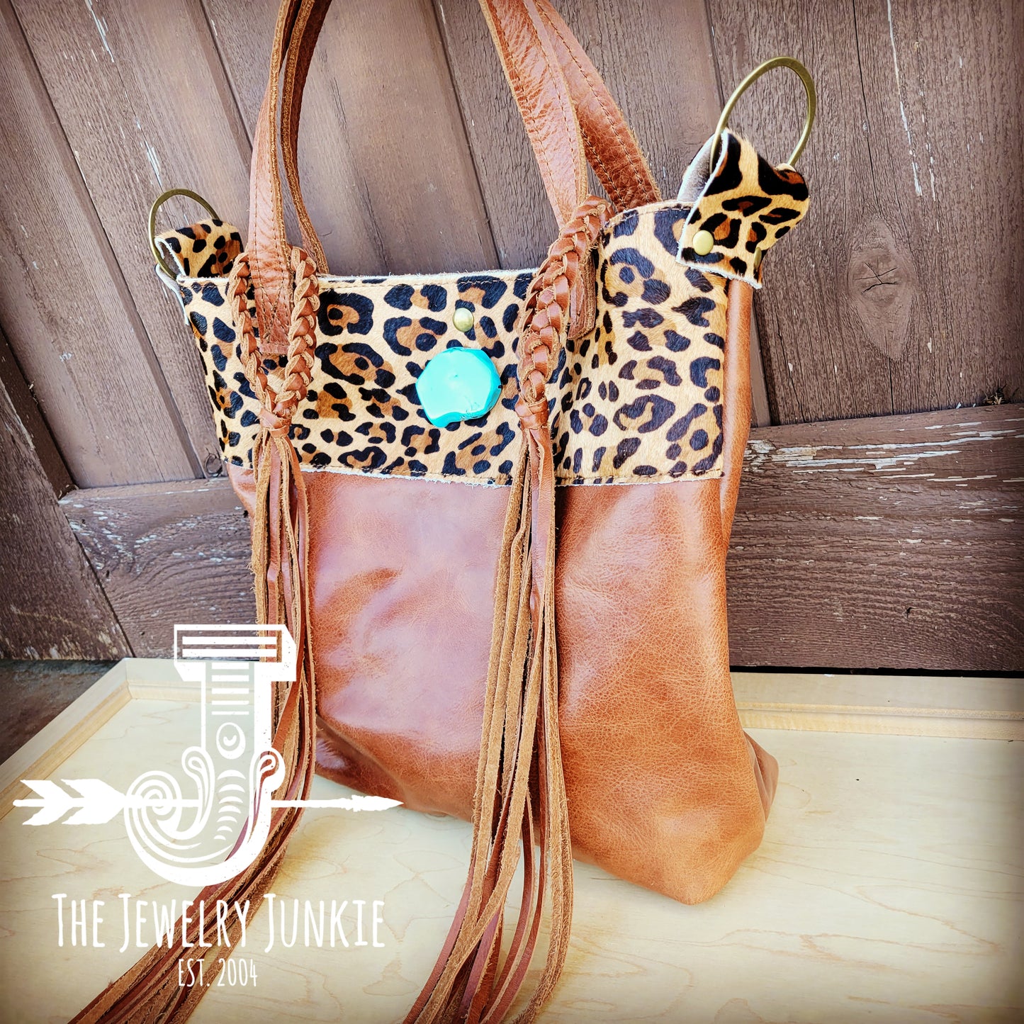 Tejas Brown Leather Bucket Hide Handbag w/ Leopard & Turquoise 512b