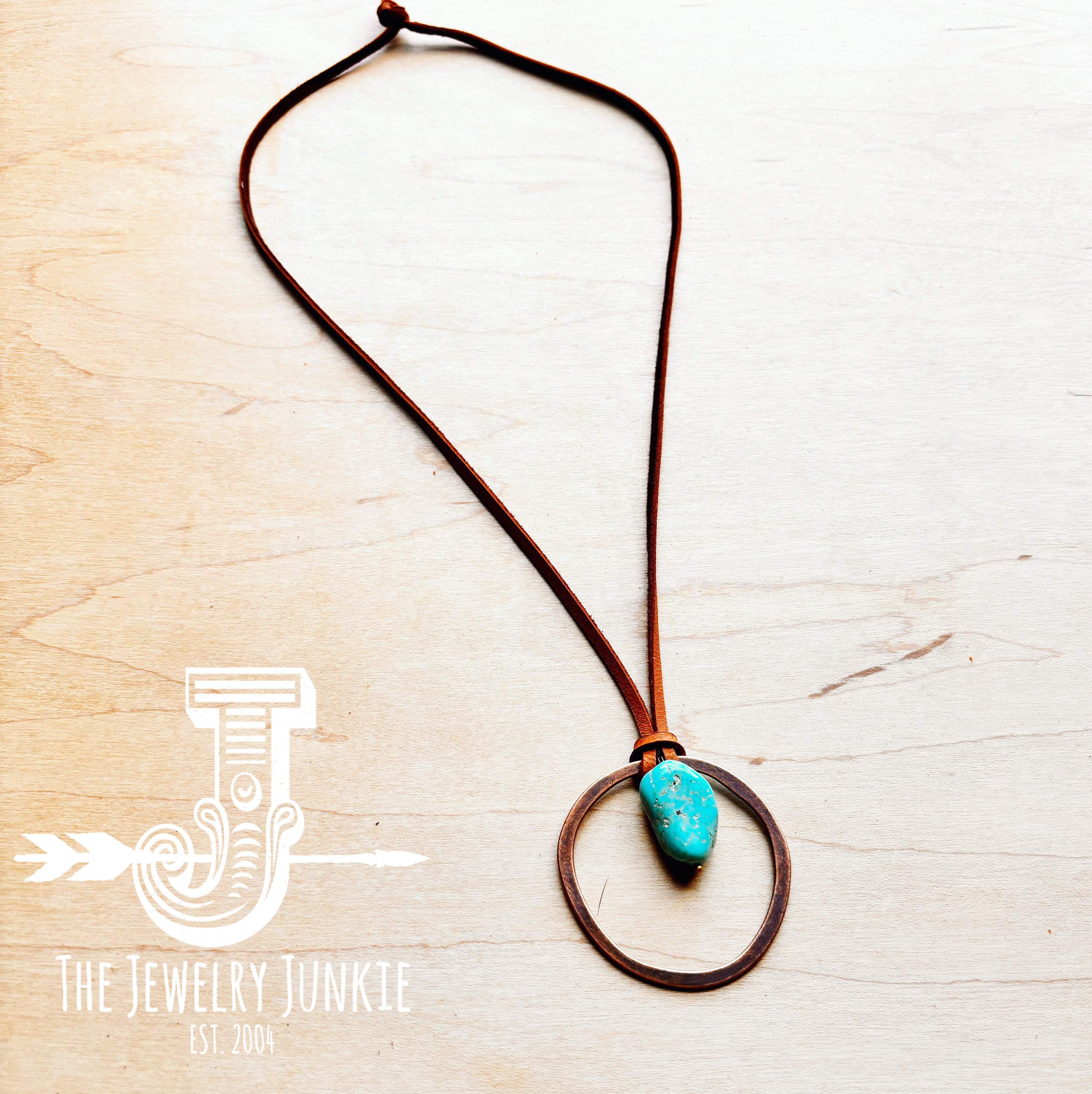 Leather Cord Necklace with Antique Gold Hoop and Turquoise