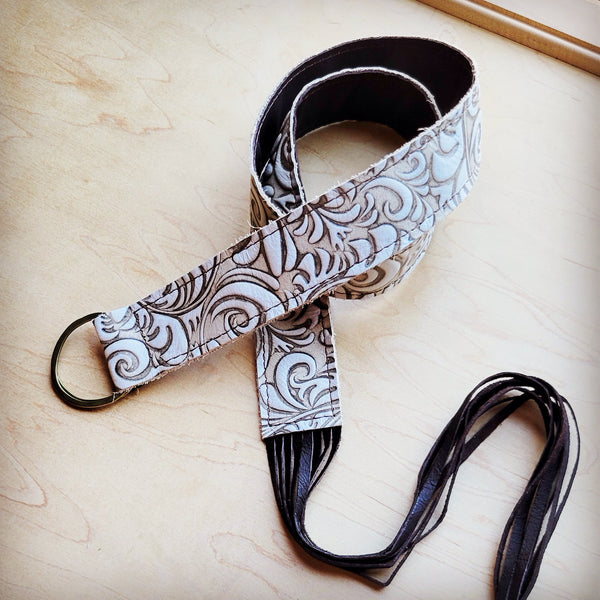 Sandy White Floral Leather Belt with Leather Fringe Closure 907k