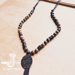 Leopard Jasper Necklace w/ Wood Beads & Copper Medallion 258c