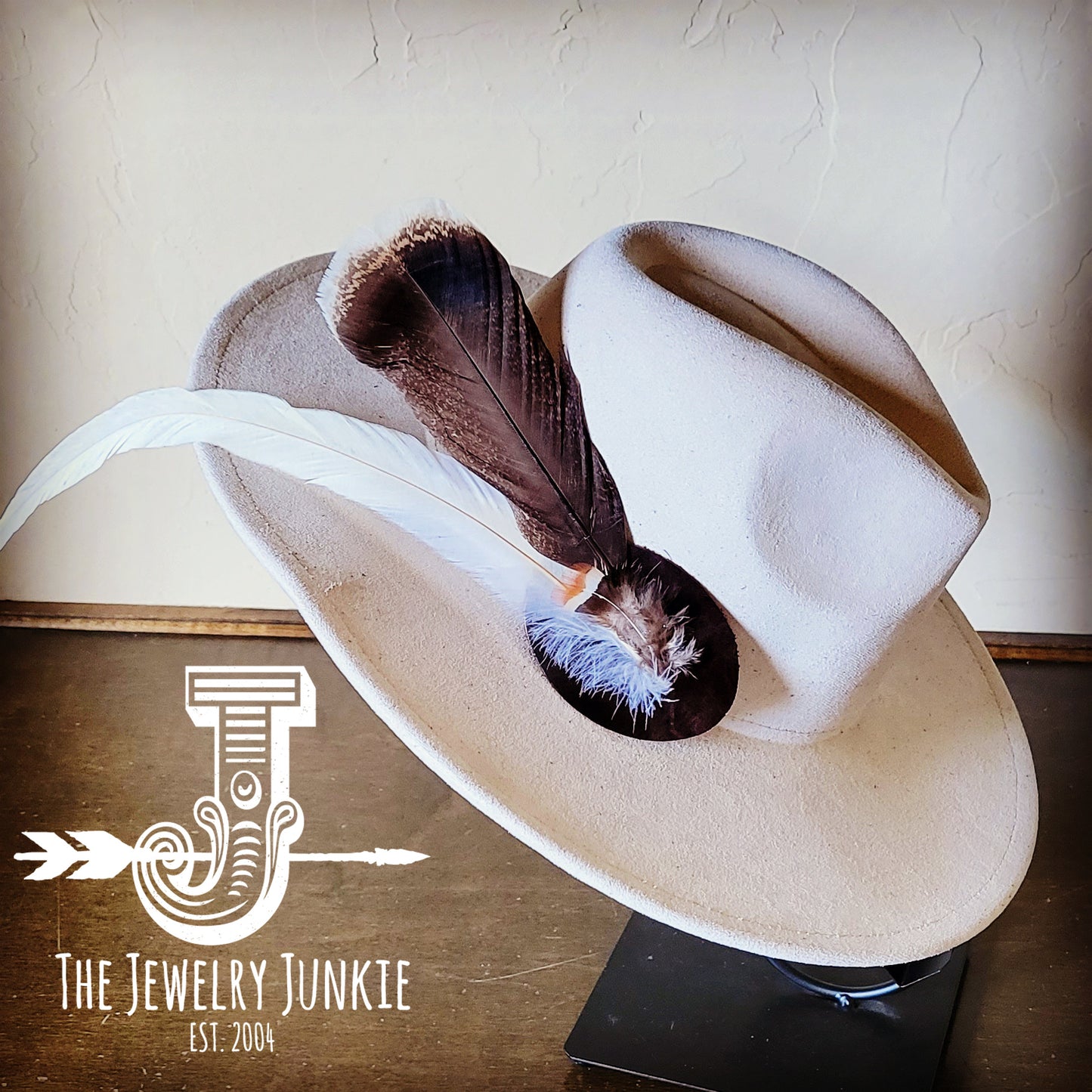 Boho Western Hat w/ Feather Tie Hat Band-Bone 982m