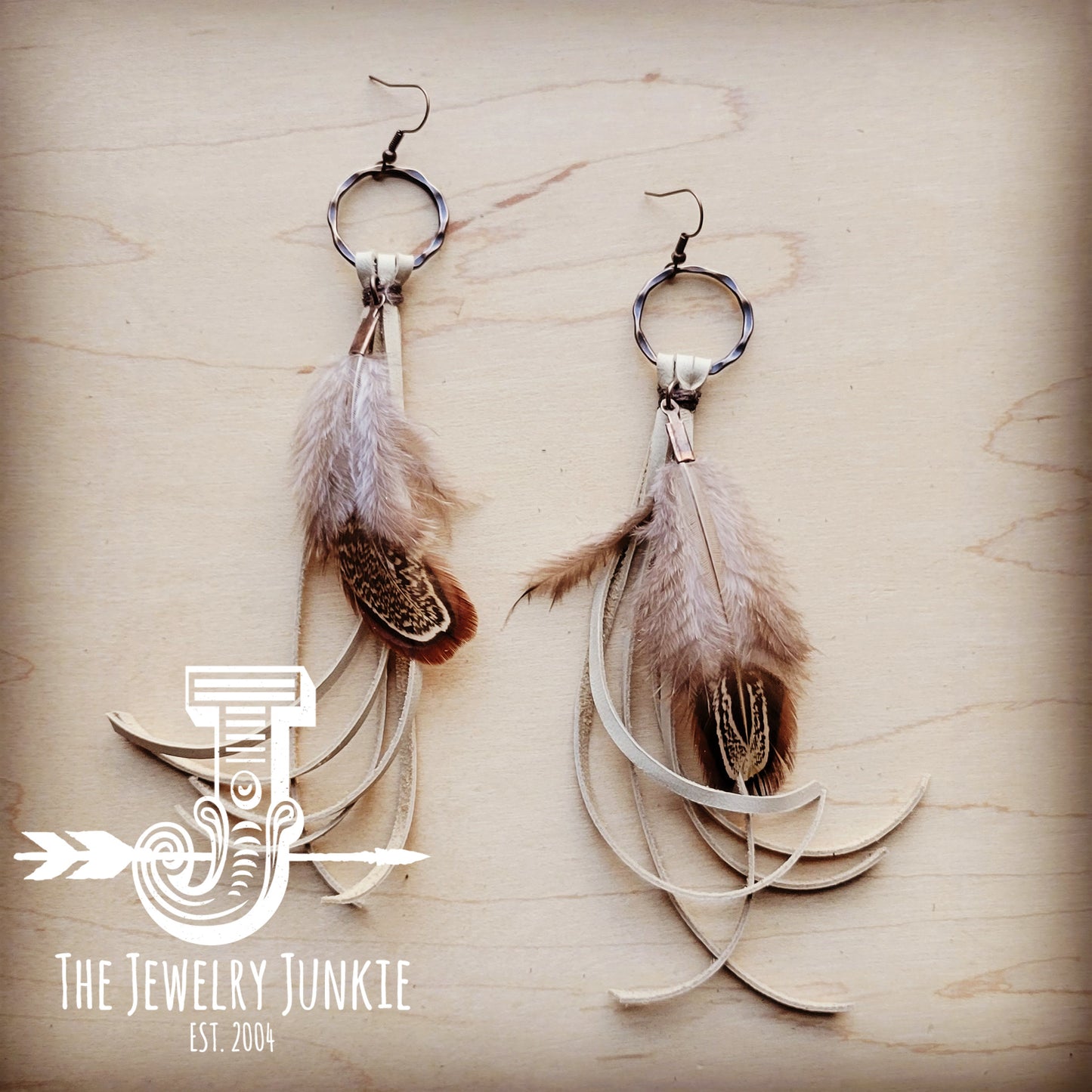 Boho Bone Deer Skin Leather Tassel Earring-Brown Feather 217r