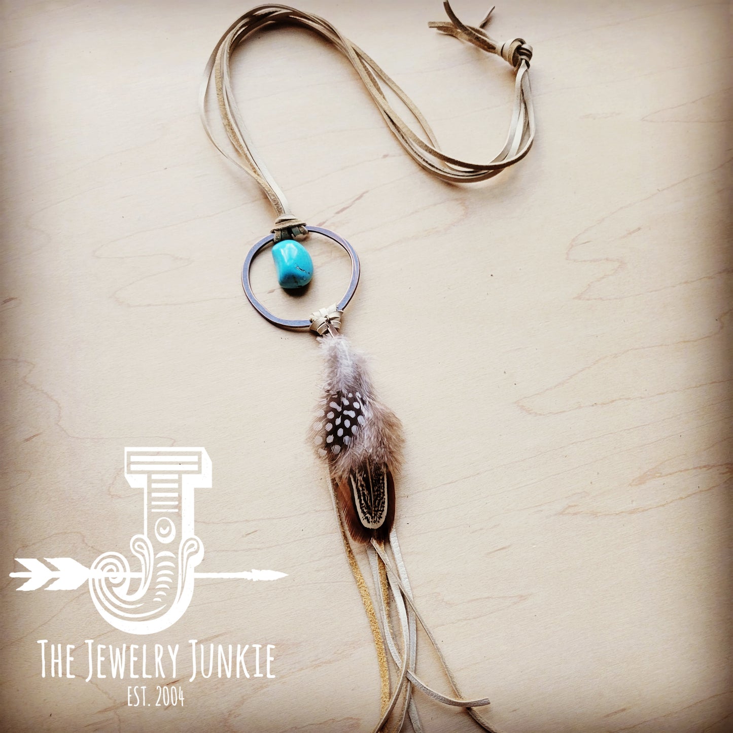Bone Boho Leather Necklace w/ Blue Turquoise & Spotted Feathers 257e