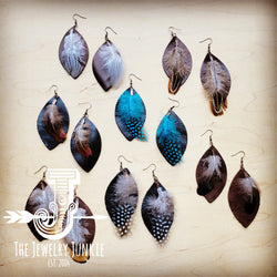 Western Leather Oval Earrings Black with Turquoise Feather 216L