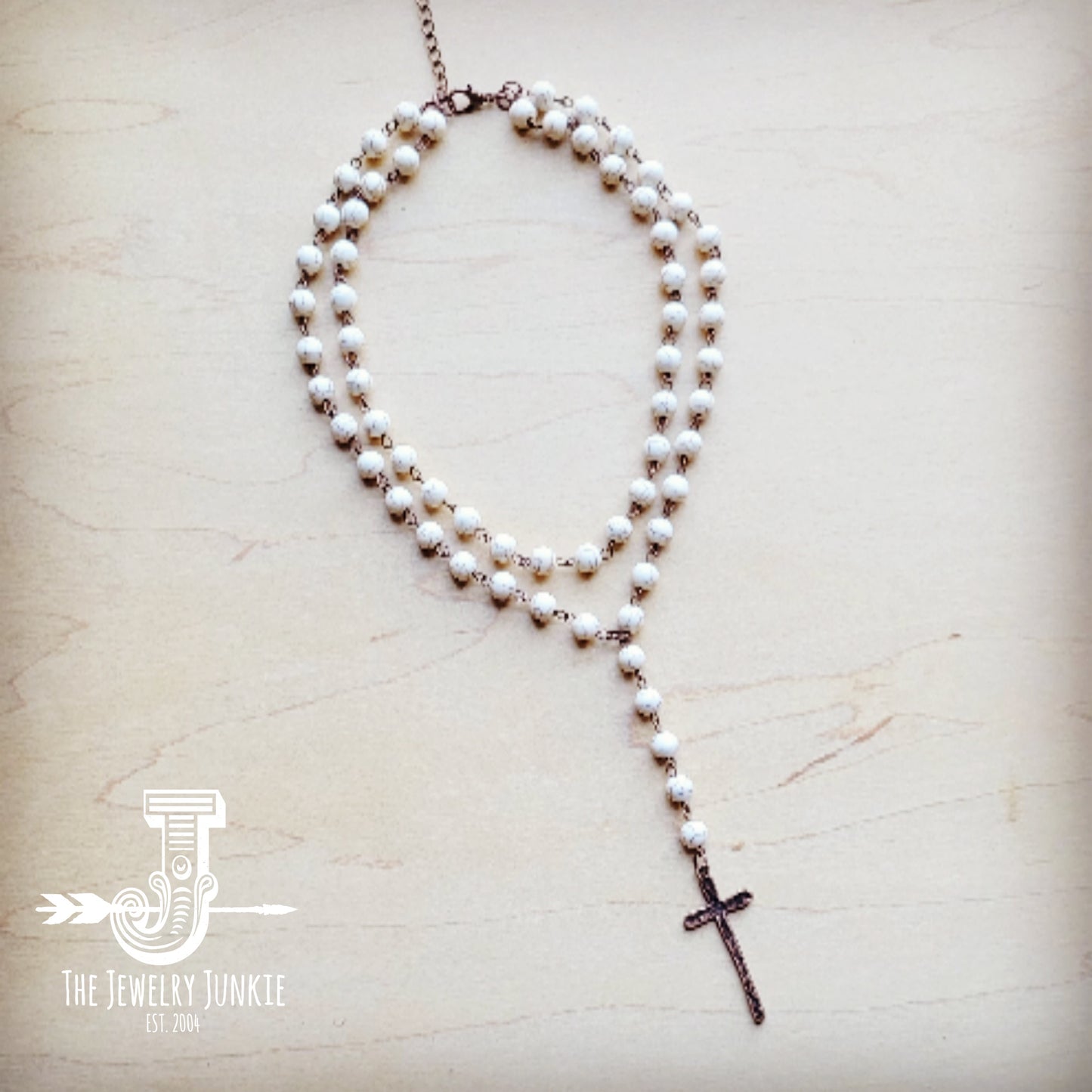 Double Strand Lariat White Turquoise Necklace w/ Cross Pendant 259r