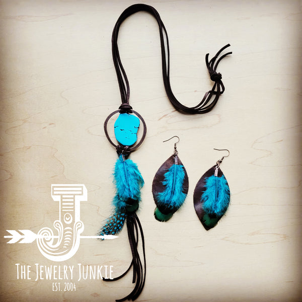 Western Leather Oval Earrings Brown with Turquoise Feather 216m
