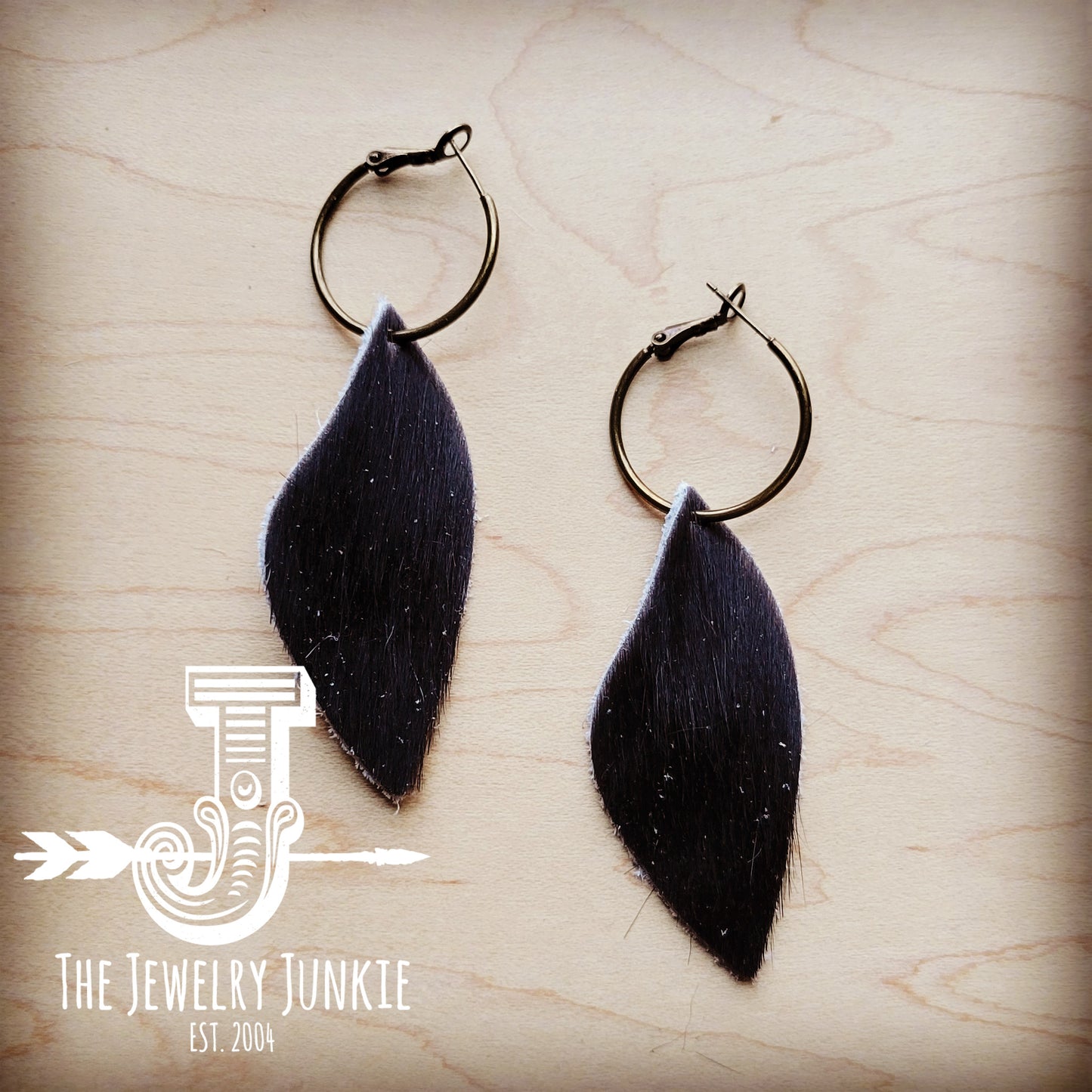Antique Gold Hoop Earrings w/ Black Hair-on-Hide 214f