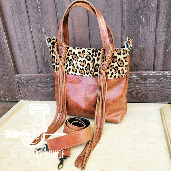 Tejas Brown Leather Bucket Hide Handbag w/ Leopard Accent 512a