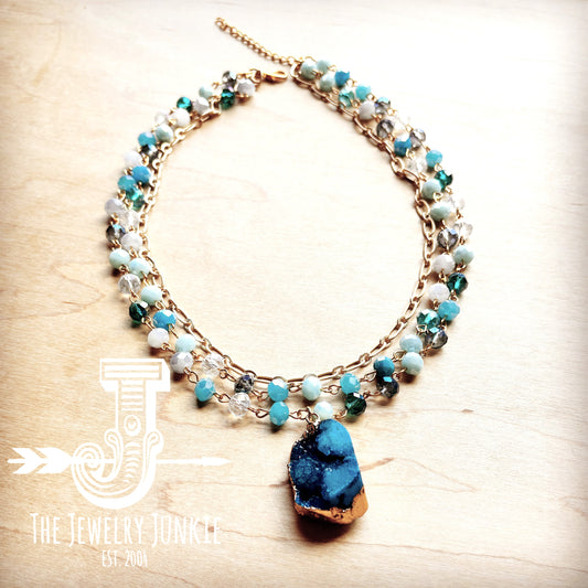 Aqua Blue Faceted Beaded Collar Necklace w/ Natural Druzy 257v
