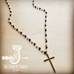 *Black and Pearl Long Layering Necklace w/ Gold Cross Pendant 256s