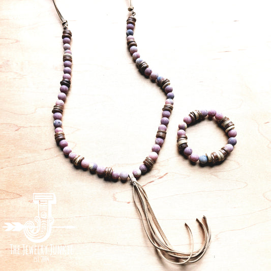 Frosted Marble Jasper Necklace with Wood Beads and Leather Tassel