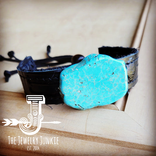 *Narrow Leather Cuff w/ Turquoise Slab-Black Navajo 014v