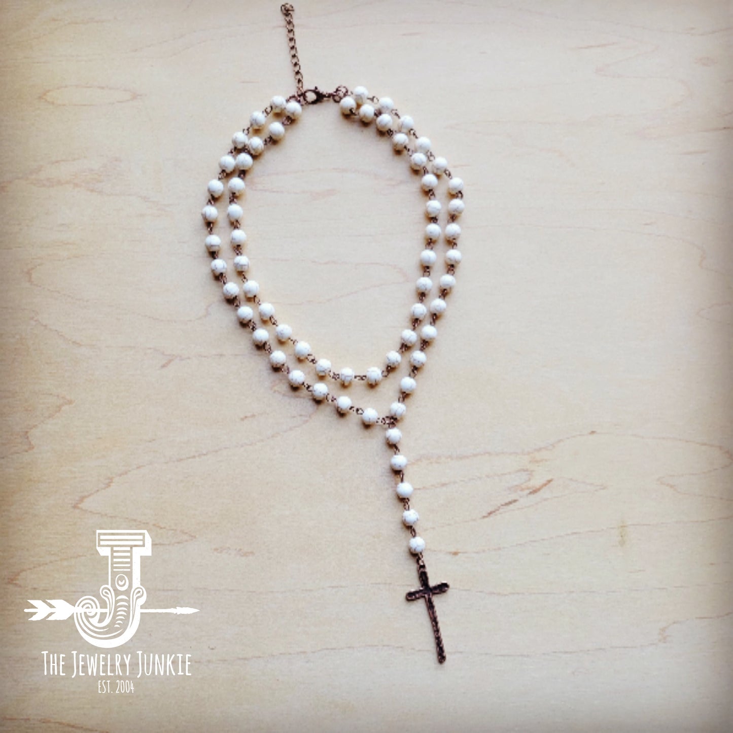 Double Strand Lariat White Turquoise Necklace w/ Cross Pendant 259r