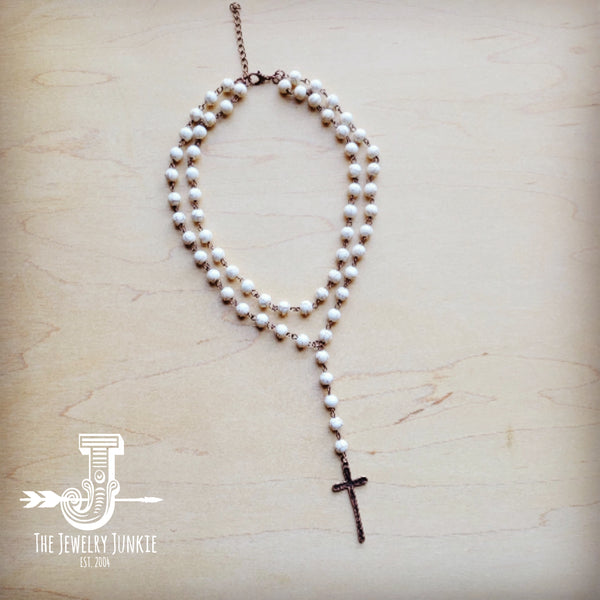 Double Strand Lariat White Turquoise Necklace w/ Cross Pendant 259r