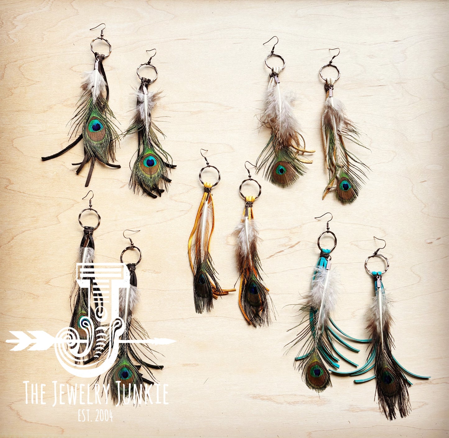 Yellow Deer Skin Leather Tassel Earring Peacock Feather 219i