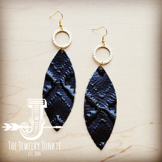 *Narrow Leather Oval Earrings Black Navajo w/ Matte Gold Hoop 215z