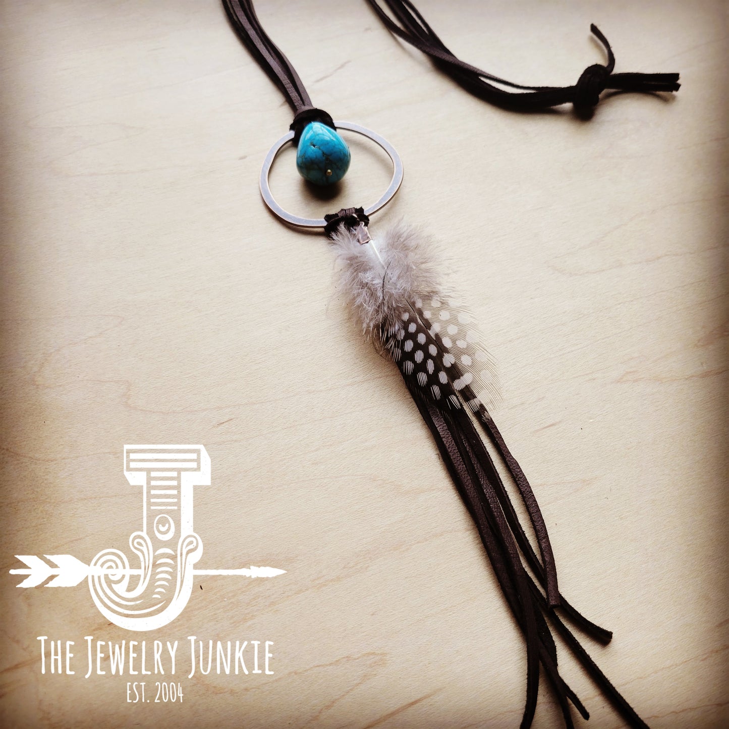 Brown Boho Leather Necklace w/ Turquoise & Spotted Feathers 256t
