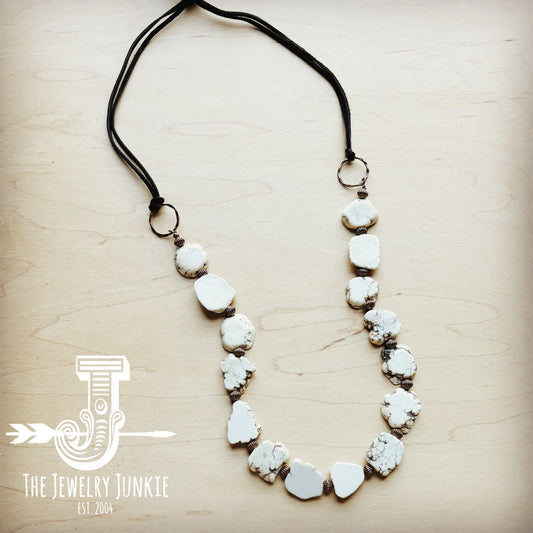 White Turquoise Slab Necklace with Leather Fringe Closure