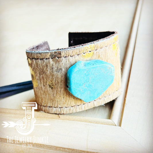 Leather Cuff w/ Tie-Tan Gold Hair-on-Hide w/ Turquoise Slab 007k