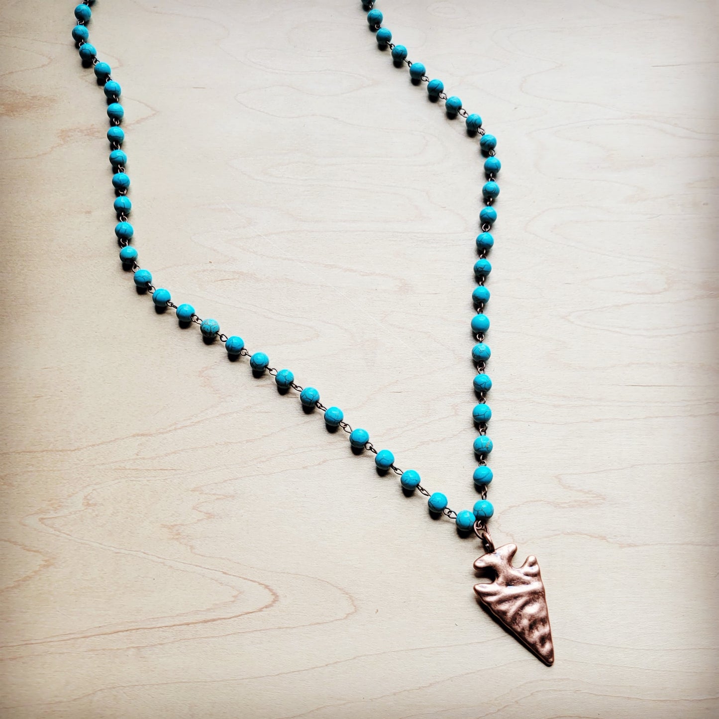 **Blue Turquoise Beaded Necklace w/ Antique Copper Arrowhead 260h