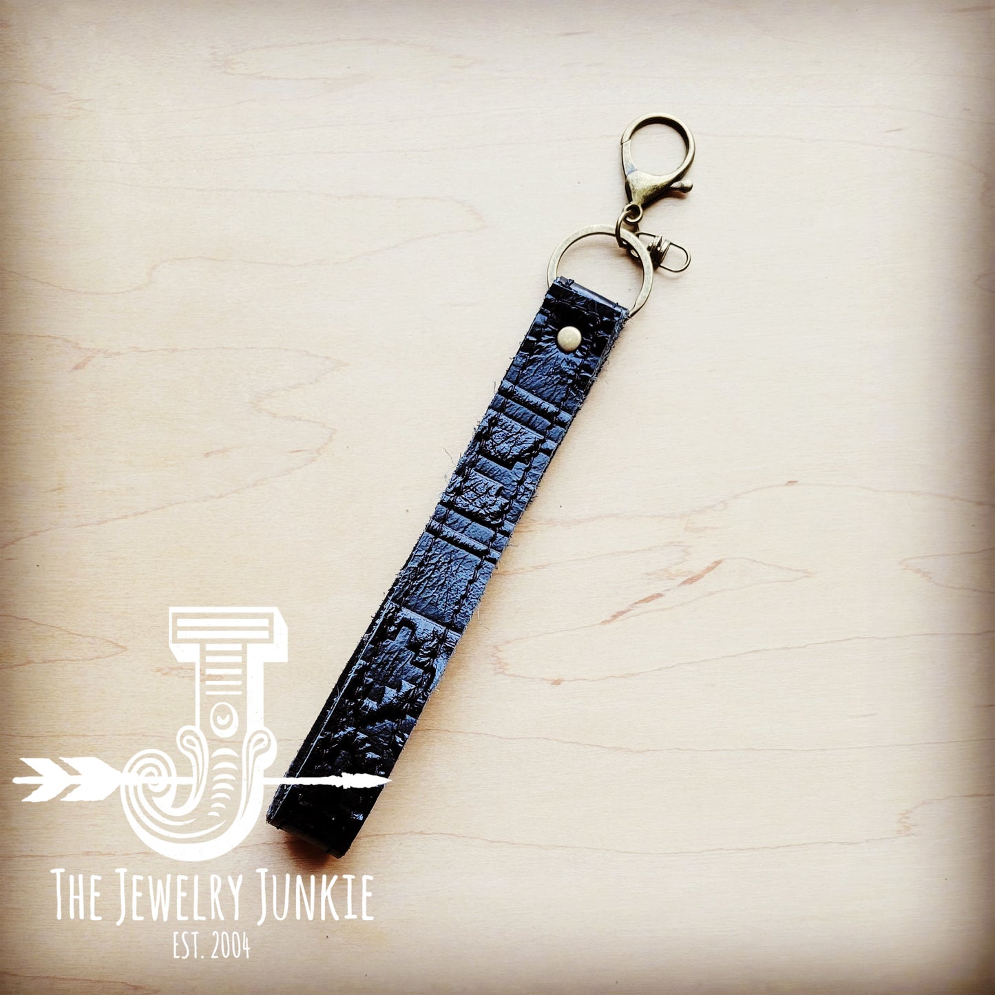 *Embossed Leather Key Chain Strap in Black Navajo 703d