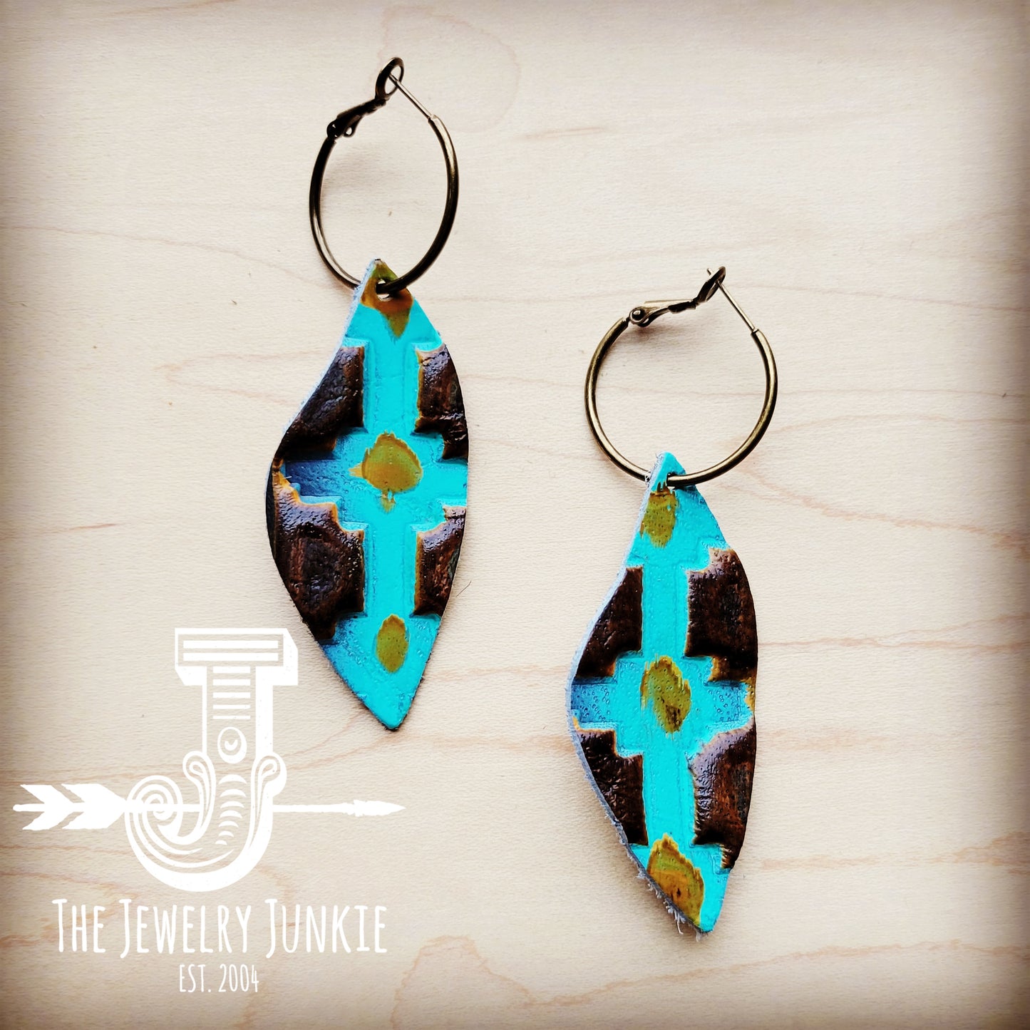 Antique Gold Hoop Earrings w/ Blue Navajo Leather Dangle 213u