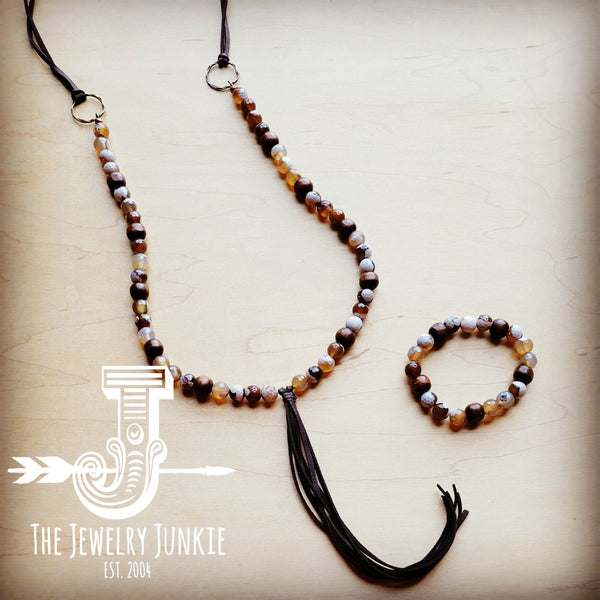 *Agate Necklace with Wood Beads and Leather Tassel 256k